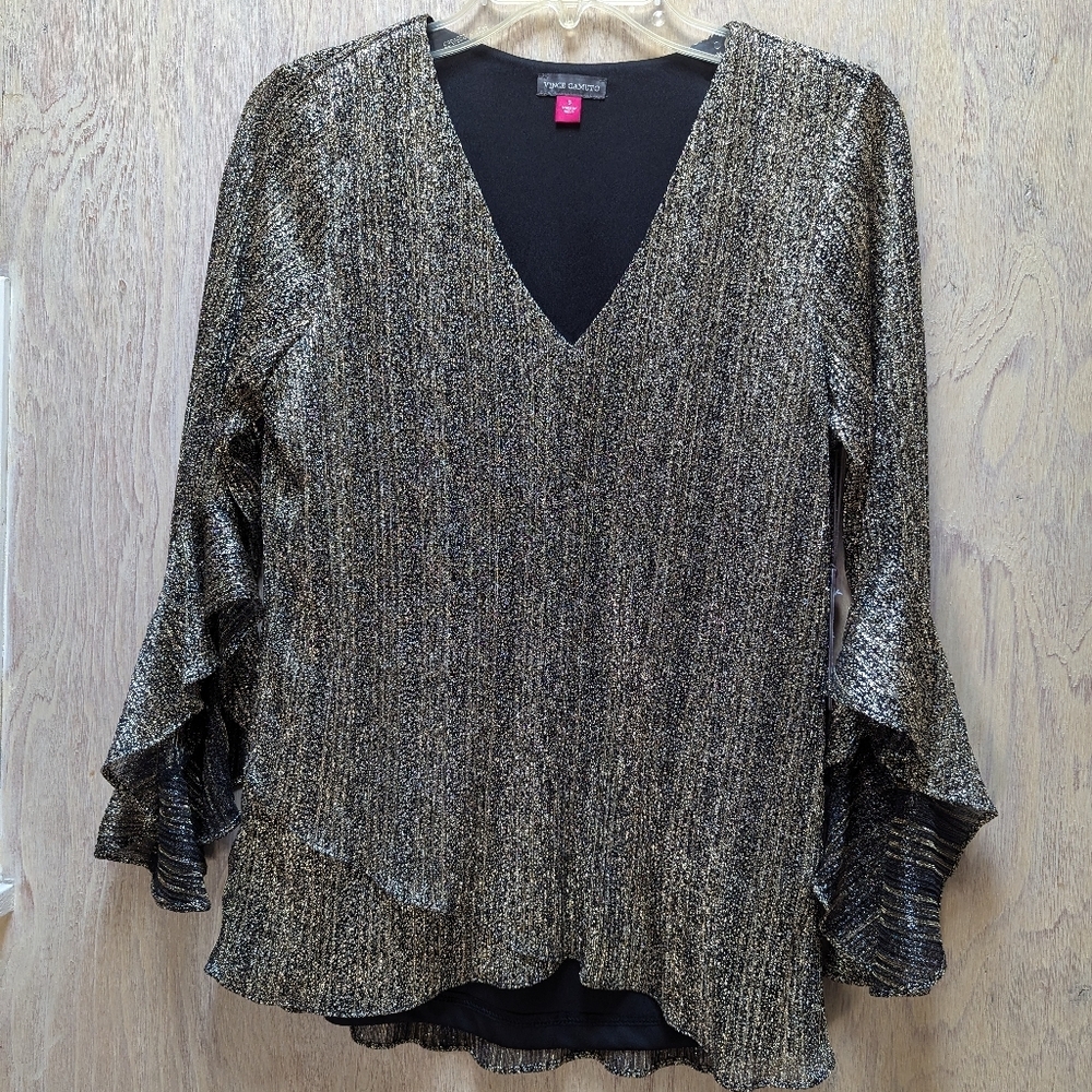 Vince Camuto Metallic Gold Pin Tuck Ruffle Sleeve Blouse S